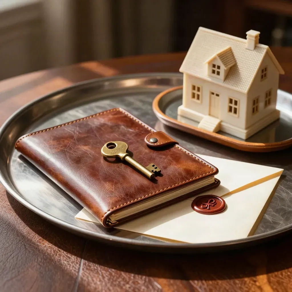 Leather trust portfolio, brass keys, wax-sealed envelope and small house model on oak and pewter.