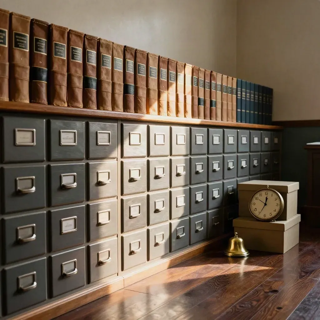 Archive drawers, bound ledgers, a brass bell and turned date wheel in warm amber light.