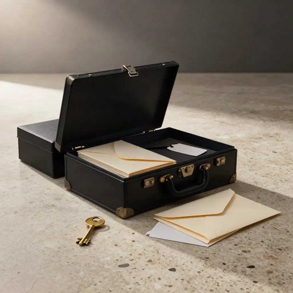 Open probate case box with brass keys, sealed envelopes and estate tags on travertine floor