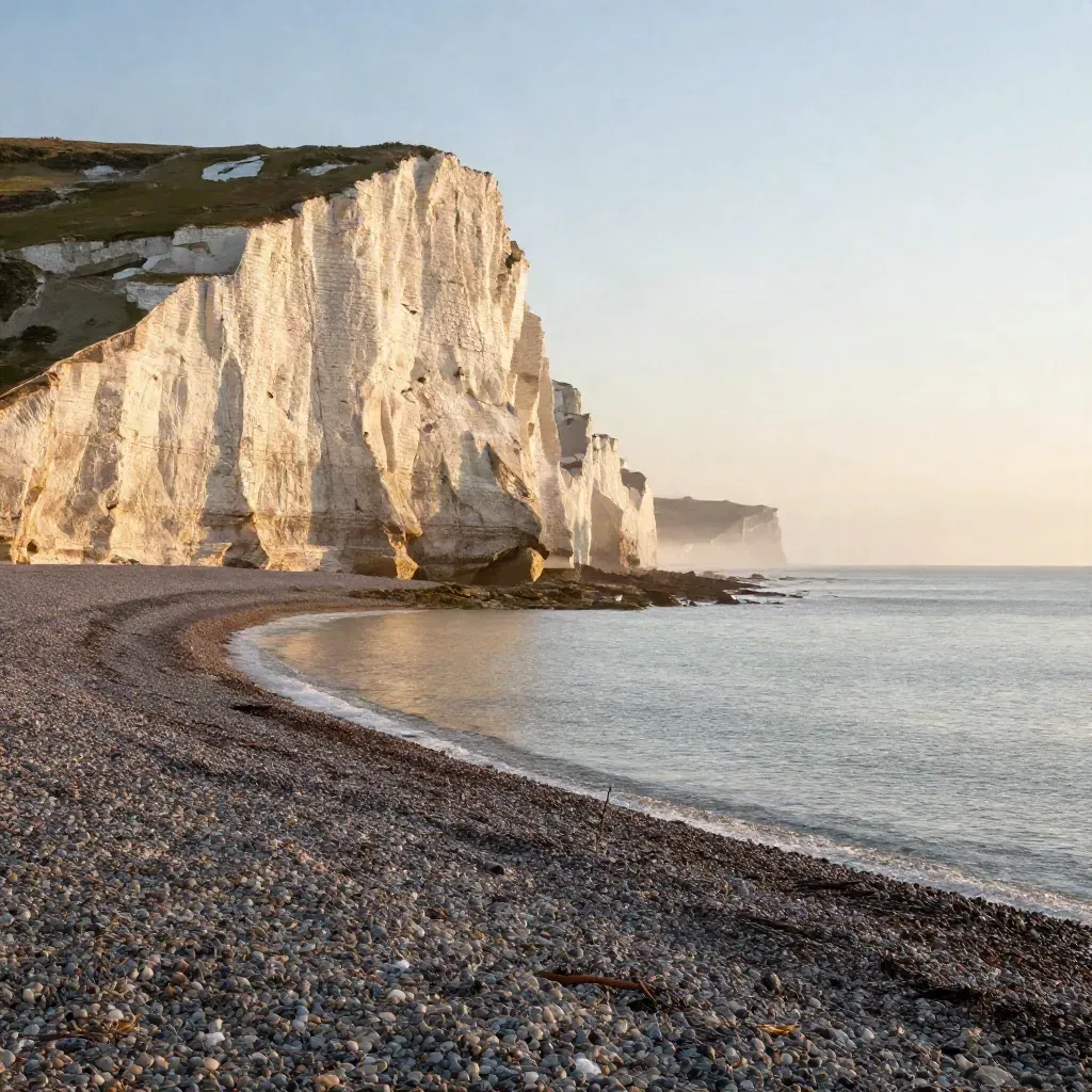 Golden chalk cliffs above a calm shingle shore and glassy sea at South East England sunset