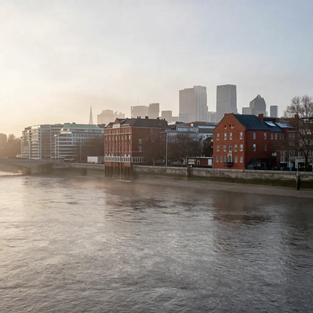 Misty Thames bend with London skyline and brick terraces lifted high above calm morning water.