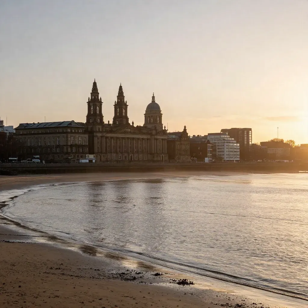 Mersey waterfront skyline in sunset haze over calm tidal flats in North West England